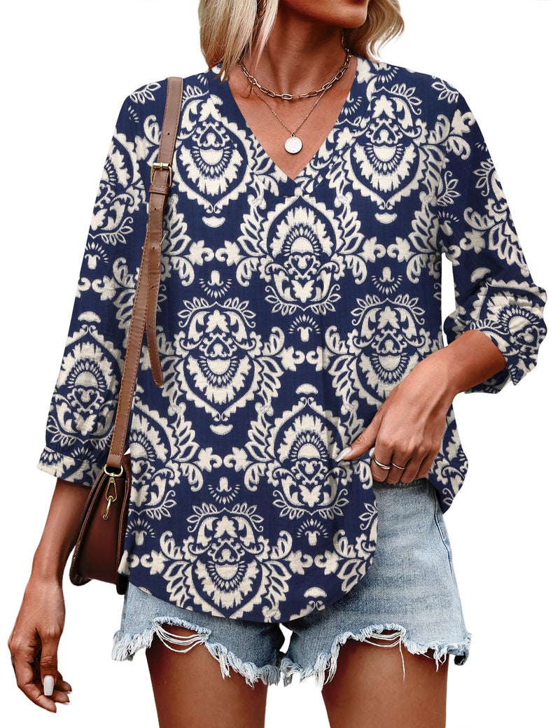Lomon Womens Boho Tops 3/4 Length Sleeve Office Shirts for Women Dressy Summer Spring Top Loose Fitting Hippie Blouse - Image 4