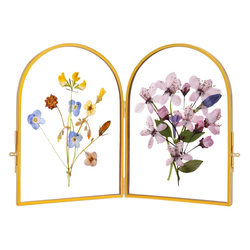 REDHUGO Double Glass Frame for Pressed Flowers Handmade, Pressed Flower Frame, Hinged Tabletop Brass Photo Frames, Dried Flower Display Folding Picture Frame for Home, ArcShaped, Gold, 4Ã—6 Inches - Image 1