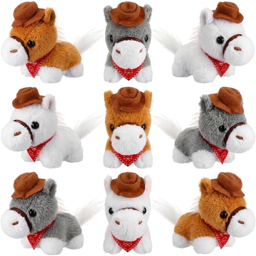 Vertintong 9 Pack Horse Stuffed Animals 4 Inch Mini Plush Toy Standing Plush Horse with Cowboy Hat and Bandana Detachable Chain for Animal Theme Birthday Party Decor SupplieLight Colors - Image 1