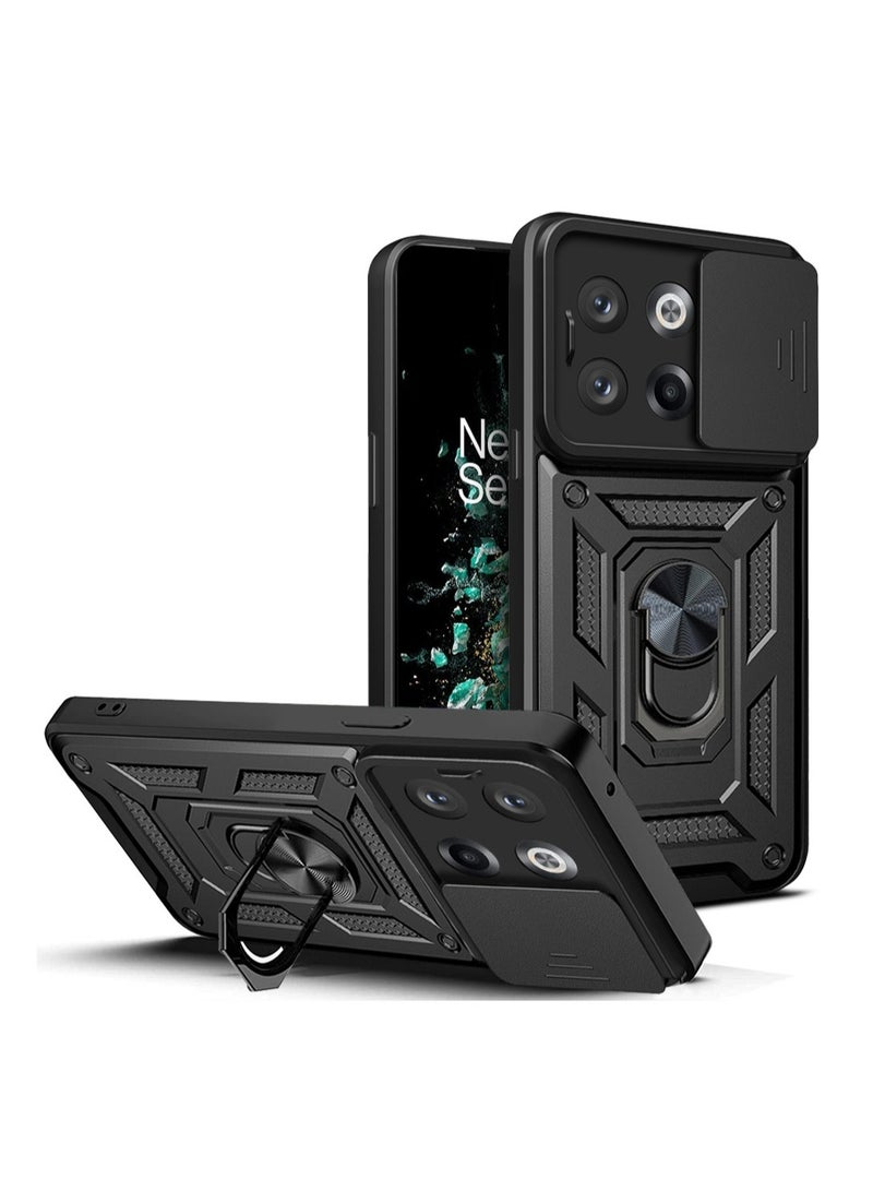 OnePlus 10T 5G Black Mobile Phone Case Cover, Slide Camera Lens Cover + 360°Rotating Kickstand Ring + Bumper Shockproof Phone Case - Image 1