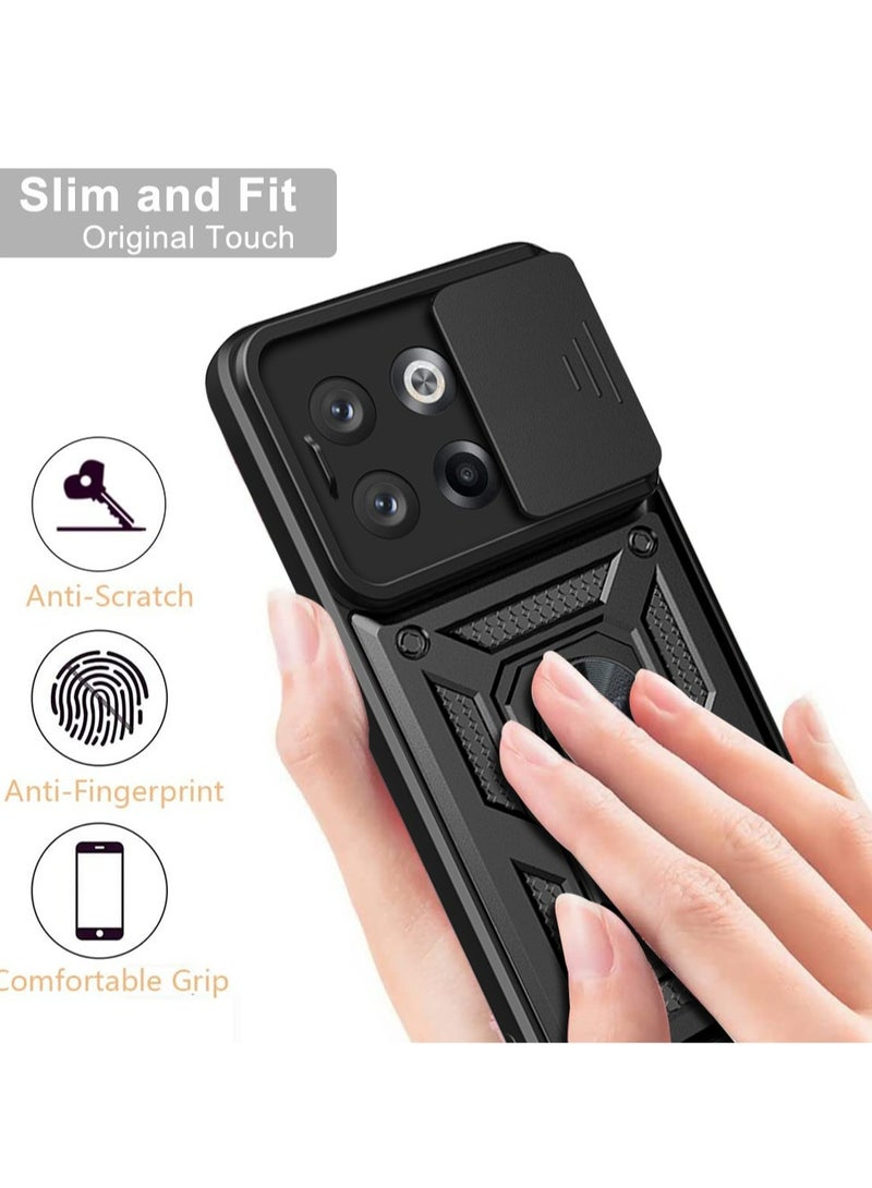 OnePlus 10T 5G Black Mobile Phone Case Cover, Slide Camera Lens Cover + 360°Rotating Kickstand Ring + Bumper Shockproof Phone Case - Image 2