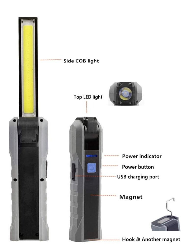 Rechargeable LED Work Light, Foldable USB Portable Flashlight with Magnetic Base, Hook, 300° Rotation, Power Indicator, Ideal for Mechanic, Camping, Emergency, Repair, BBQ - Image 3