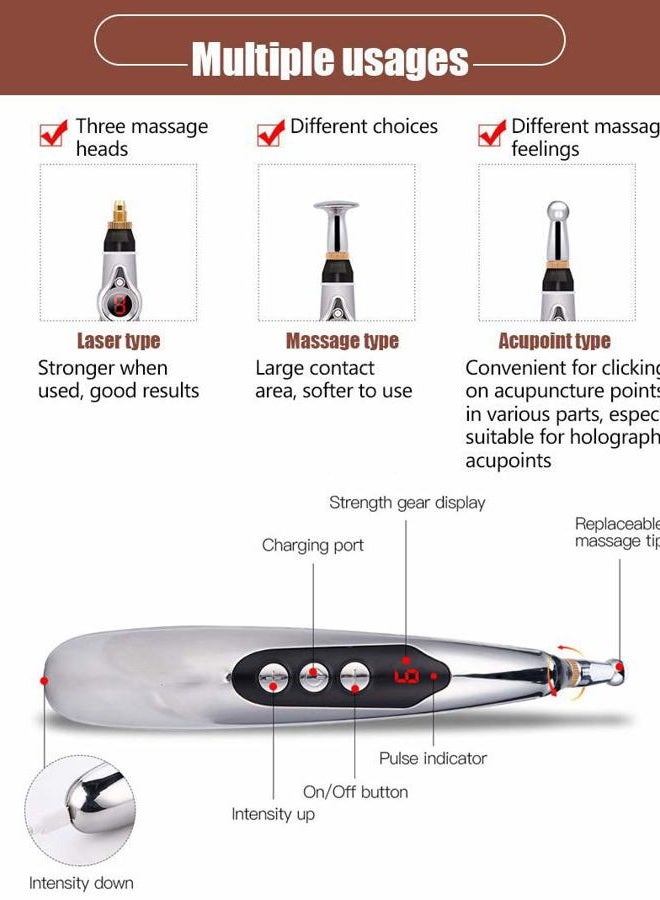 Winnes Acupuncture Pen Electronic Accupressure Pen, USB Rechargeable Pain Relief Electric Meridians Energy Pen Massager Pen Pain Relief Massage Tool with 3 Massage Heads & 2 Massage Gel - Image 5