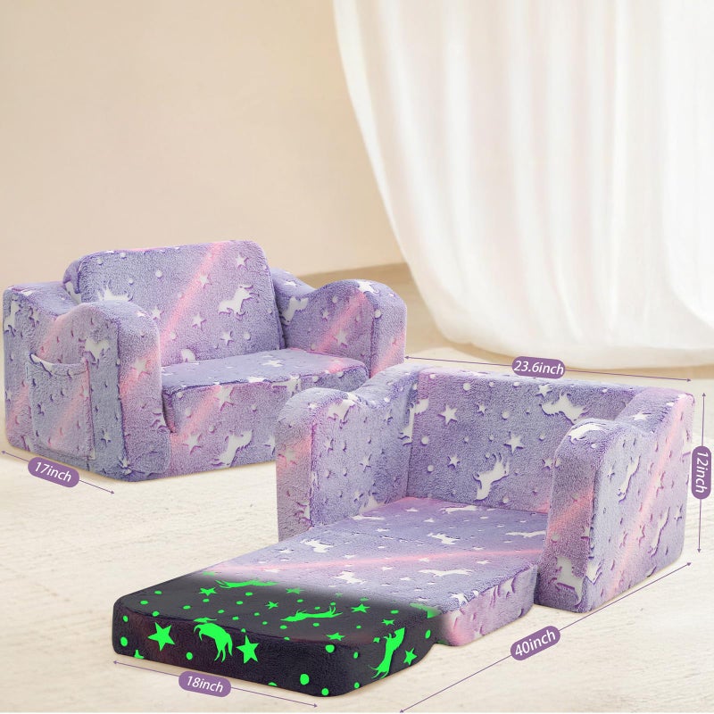 MeMoreCool Toddler Chair Comfy 1-3 Years Old, Kids Couch for Playroom, Convertible Glowing Unicorn Flip Out Sofa, Kids Furniture Floor Recliner Chair Bed - Image 2