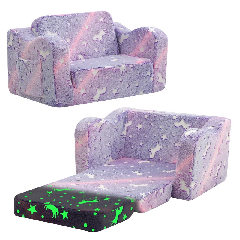 MeMoreCool Toddler Chair Comfy 1-3 Years Old, Kids Couch for Playroom, Convertible Glowing Unicorn Flip Out Sofa, Kids Furniture Floor Recliner Chair Bed - Image 1