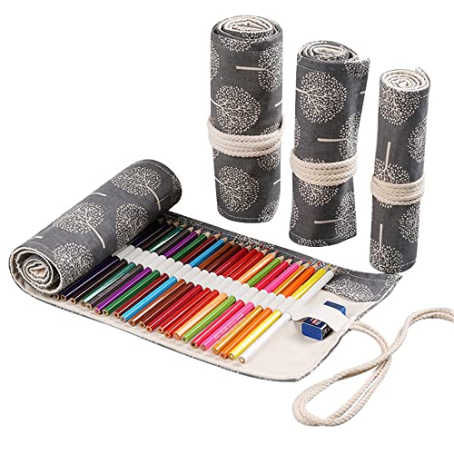 DIYOMR 24/36/72 Slots Pencil Wrap Pencil Rolls, Artist Colored Pencils Roll Up Bag Short Brushes Pouch Case Pencils Organizer for Drawing Coloring and Sketching (Trees, 24slots) - Image 1