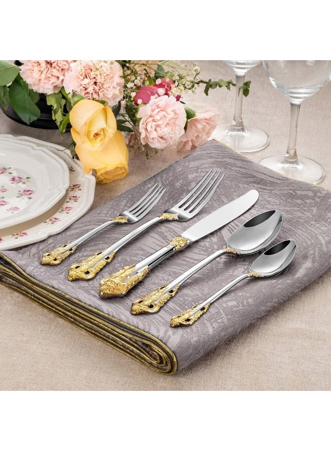KEAWELL Luxury 65 Pieces 18/10 Stainless Steel Flatware set, Service for 12, silver plated with gold accents, Fine Silverware set and Dishwasher Safe - Image 2