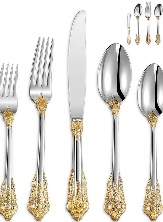 KEAWELL Luxury 65 Pieces 18/10 Stainless Steel Flatware set, Service for 12, silver plated with gold accents, Fine Silverware set and Dishwasher Safe - Image 1