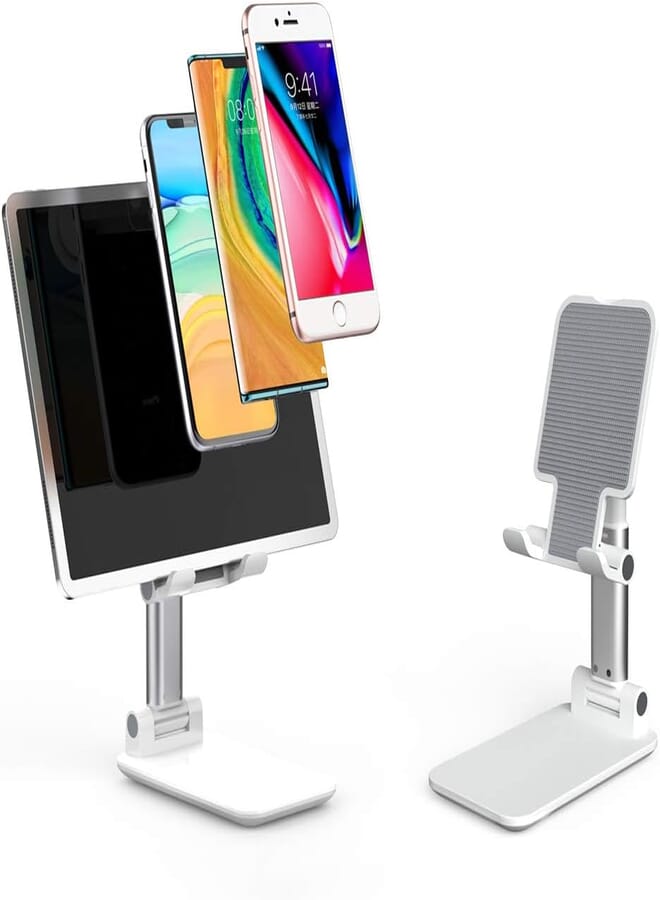 NN Foldable Cell Phone Stand, Adjustable Phone Holder for Desk, Aluminum Desktop Phone Stand, Universal Tablet Stand Compatible with Mobile Phone/iPad/Kindle/Tablets (White)