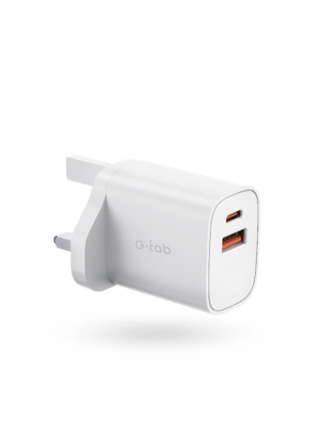 جي تاب شاحن سريع G-TAB بقدرة 20 واط، شاحن جداري GaN مع منفذين USB-A و USB-C – متوافق مع آيفون، سامسونج، سماعات الأذن، التابلت، شحن سريع ونقل بيانات - Image 1