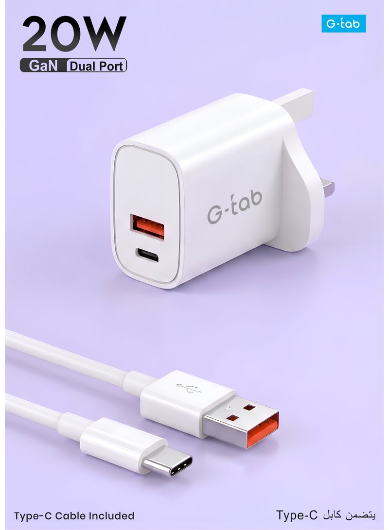 G-TAB 20W Fast Charger GaN Wall Adapter with Dual USB-A & USB-C Ports – Compatible with iPhone, Samsung, Tablets, Earbuds, Fast Charging & Data Transfer - Image 1