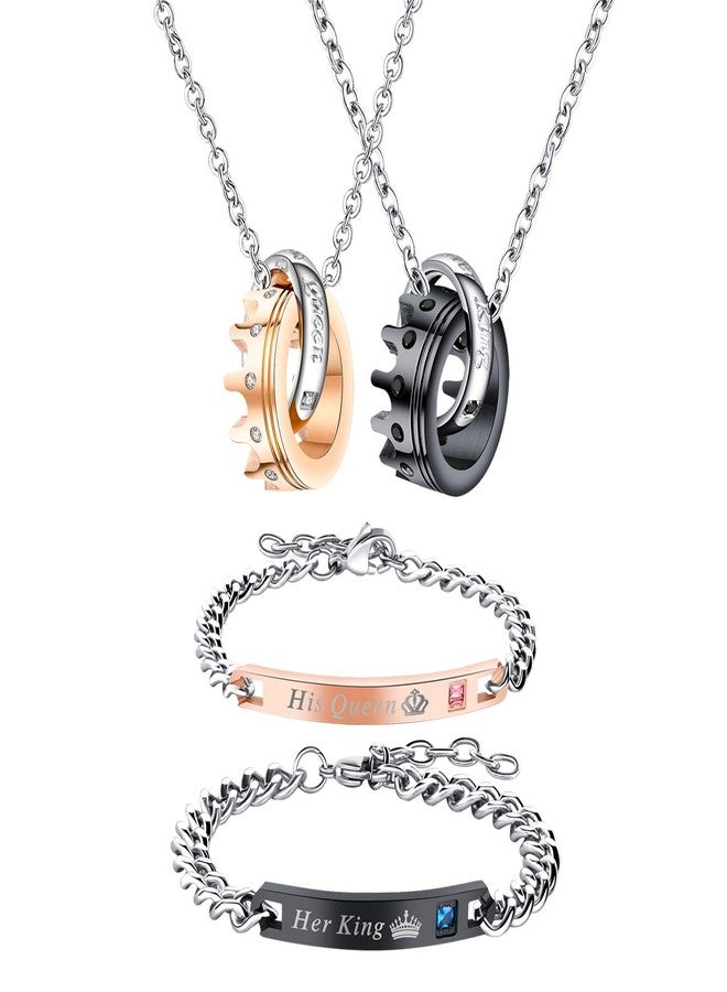 OIDEA Couples Necklace Bracelet Set: Stainless Steel Her King His Queen Matching Couple Bracelet Crown Necklaces Jewelry Sets Valentine Gift - Image 1