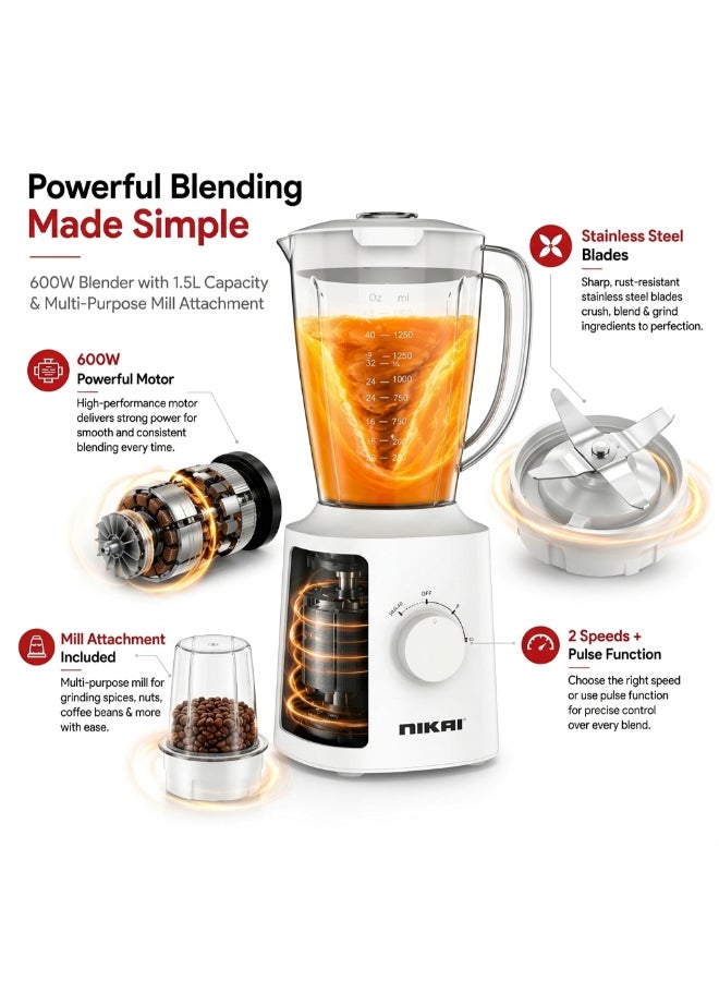 Nikai 600W Countertop Blender with Grinder | 1.5L Plastic Jar | 2-Speed Control with Pulse | Stainless Steel Blades | Multi-Purpose Mixer Grinder for Smoothies, Juices & Spices 1.5 L 600 W NB1600TX white - Image 2