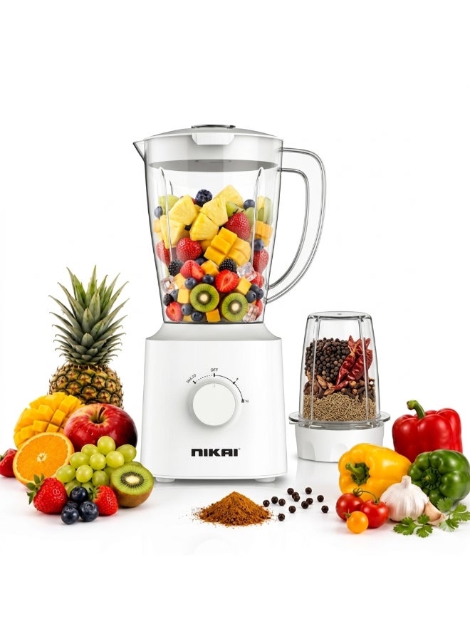 Nikai 600W Countertop Blender with Grinder | 1.5L Plastic Jar | 2-Speed Control with Pulse | Stainless Steel Blades | Multi-Purpose Mixer Grinder for Smoothies, Juices & Spices 1.5 L 600 W NB1600TX white - Image 1