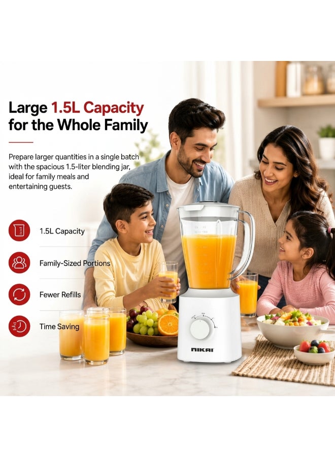 Nikai 600W Countertop Blender with Grinder | 1.5L Plastic Jar | 2-Speed Control with Pulse | Stainless Steel Blades | Multi-Purpose Mixer Grinder for Smoothies, Juices & Spices 1.5 L 600 W NB1600TX white - Image 3