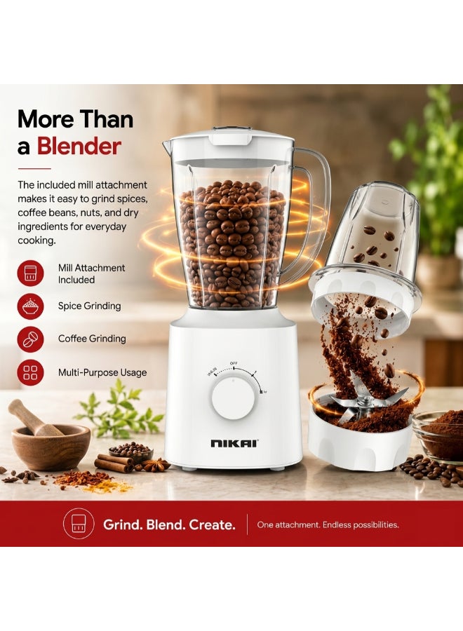 Nikai 600W Countertop Blender with Grinder | 1.5L Plastic Jar | 2-Speed Control with Pulse | Stainless Steel Blades | Multi-Purpose Mixer Grinder for Smoothies, Juices & Spices 1.5 L 600 W NB1600TX white - Image 5