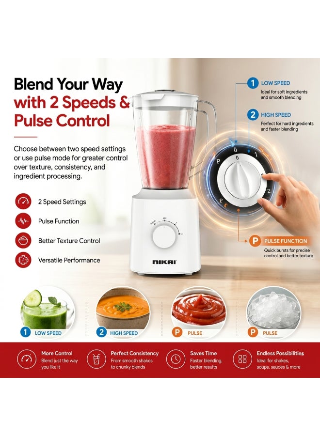 Nikai 600W Countertop Blender with Grinder | 1.5L Plastic Jar | 2-Speed Control with Pulse | Stainless Steel Blades | Multi-Purpose Mixer Grinder for Smoothies, Juices & Spices 1.5 L 600 W NB1600TX white - Image 4