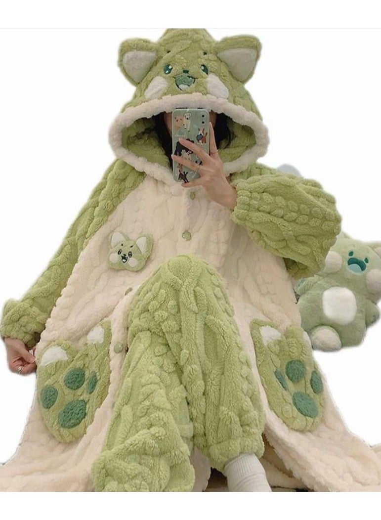 KUYING Velvet and Thickened Nightgown Cute Cartoon Home Fur Set