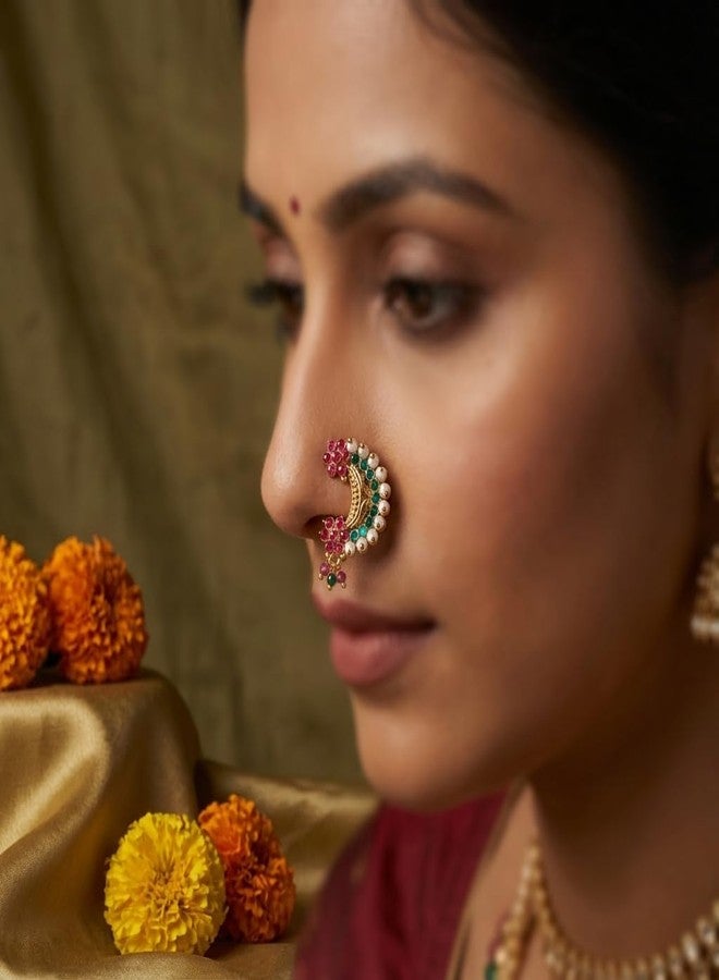 مجموعة حلقات أنف ماهاراشترا التقليدية متوسطة الحجم من AAIKU بدون ثقب الأنف | حلقات أنف مطلية بالذهب واللؤلؤ مع مشبك تثبيت للفتيات والسيدات (عبوة من قطعتين) (التصميم 11 - التصميم 12) - Image 3