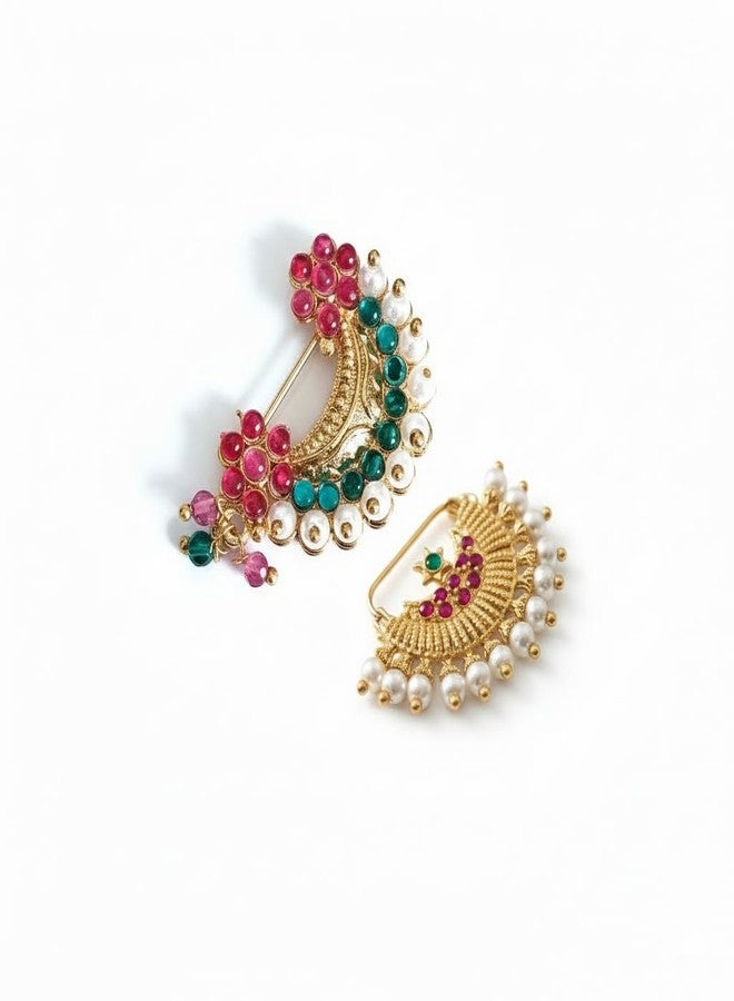 مجموعة حلقات أنف ماهاراشترا التقليدية متوسطة الحجم من AAIKU بدون ثقب الأنف | حلقات أنف مطلية بالذهب واللؤلؤ مع مشبك تثبيت للفتيات والسيدات (عبوة من قطعتين) (التصميم 11 - التصميم 12) - Image 1