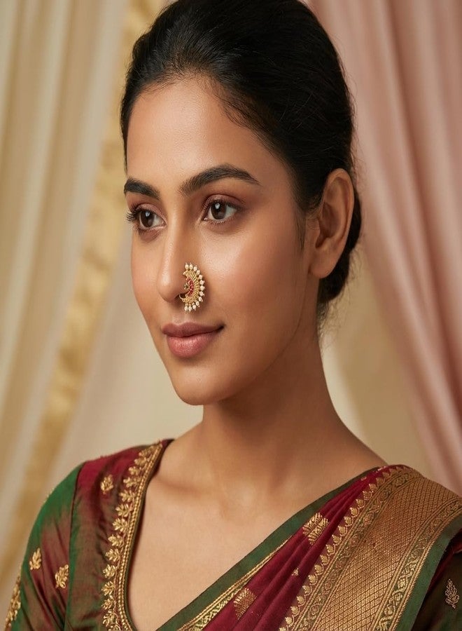 مجموعة حلقات أنف ماهاراشترا التقليدية متوسطة الحجم من AAIKU بدون ثقب الأنف | حلقات أنف مطلية بالذهب واللؤلؤ مع مشبك تثبيت للفتيات والسيدات (عبوة من قطعتين) (التصميم 11 - التصميم 12) - Image 2