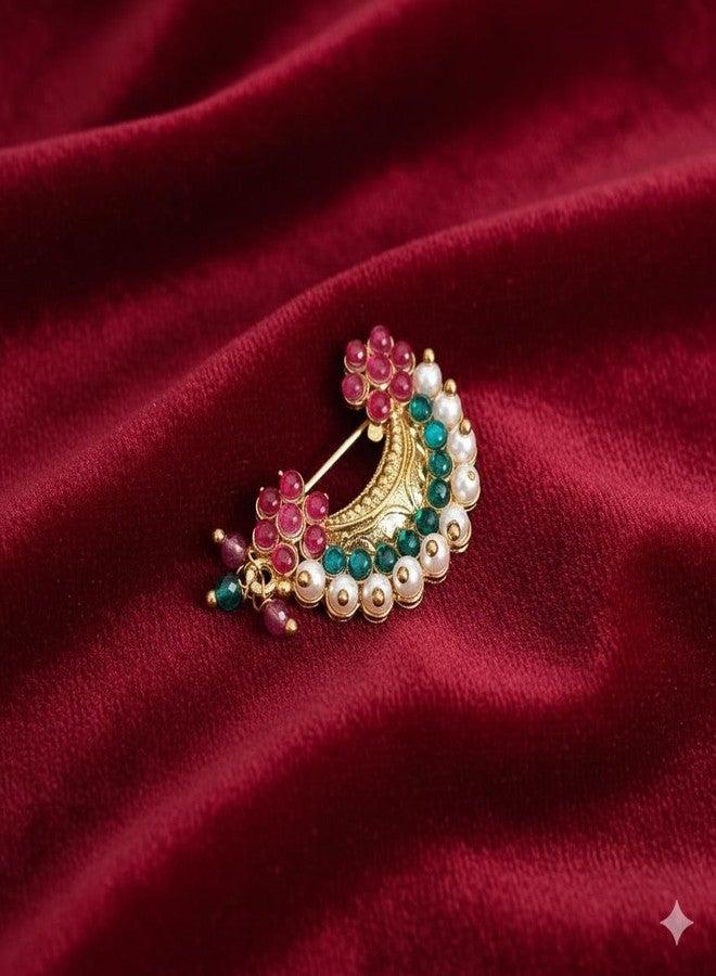 مجموعة حلقات أنف ماهاراشترا التقليدية متوسطة الحجم من AAIKU بدون ثقب الأنف | حلقات أنف مطلية بالذهب واللؤلؤ مع مشبك تثبيت للفتيات والسيدات (عبوة من قطعتين) (التصميم 11 - التصميم 12) - Image 5