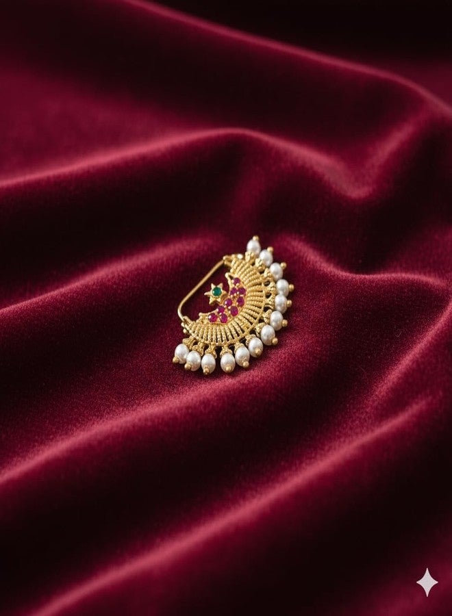 مجموعة حلقات أنف ماهاراشترا التقليدية متوسطة الحجم من AAIKU بدون ثقب الأنف | حلقات أنف مطلية بالذهب واللؤلؤ مع مشبك تثبيت للفتيات والسيدات (عبوة من قطعتين) (التصميم 11 - التصميم 12) - Image 4