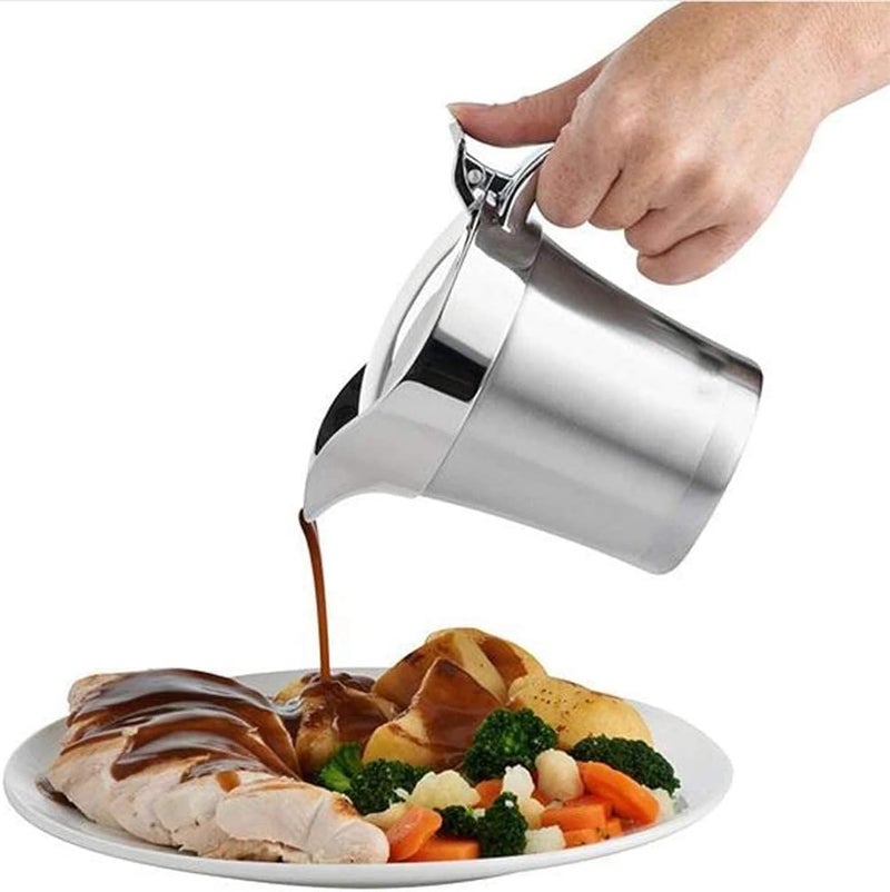 DIKEDON Stainless-Steel Double Insulated Gravy Boat - Sauce Jug with Hinged Lid, Ideal for Gravy or Cream at Thanksgiving, Gravy Pitcher - 16 oz/450 ml - Image 1
