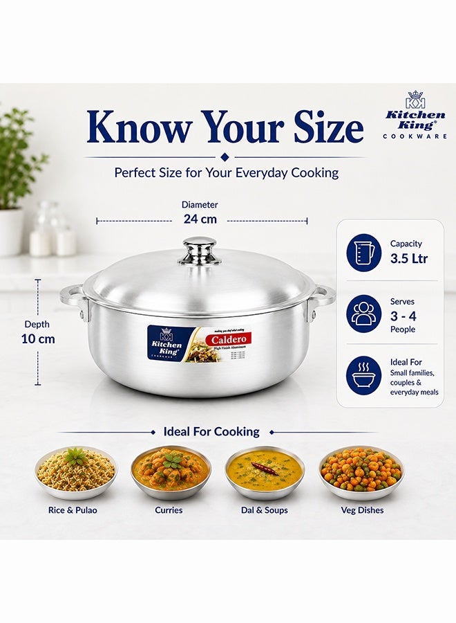 Kitchen King Caldero Aluminium Cooking Pot with Lid 24 cm (3.5 Ltr), Heavy-Duty Wide Base, Shallow Casserole for Biryani, Rice, Curry & Stews, Even Heat Distribution, Dishwasher Safe, Silver - Image 3