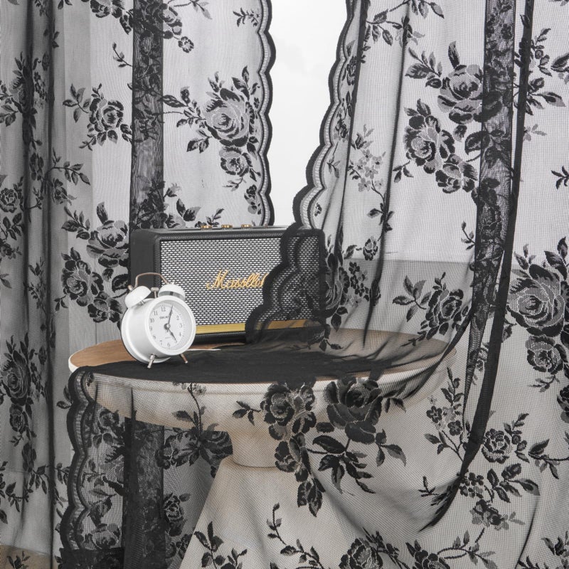 SEEKRIGHT Black Lace Curtains - 84 Inch Long Goth Floral Sheer Curtains for Living Room & Bedroom - Gothic Decor Drapes with Rod Pocket - Light Filtering Edges - Victorian Style - 2 Panels Set, 52x84 - Image 1