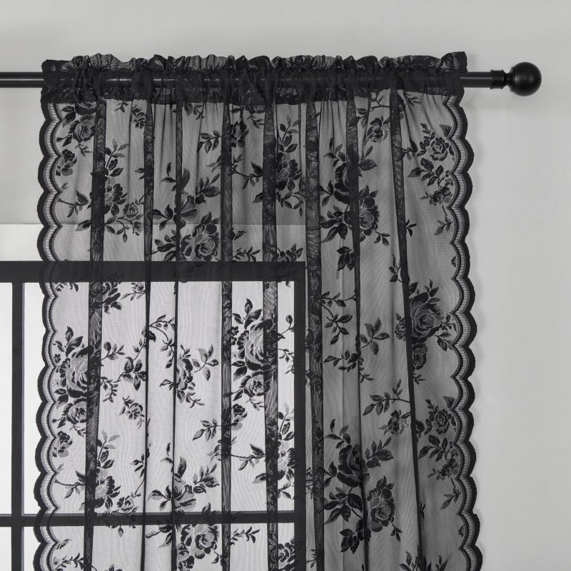 SEEKRIGHT Black Lace Curtains - 84 Inch Long Goth Floral Sheer Curtains for Living Room & Bedroom - Gothic Decor Drapes with Rod Pocket - Light Filtering Edges - Victorian Style - 2 Panels Set, 52x84 - Image 3