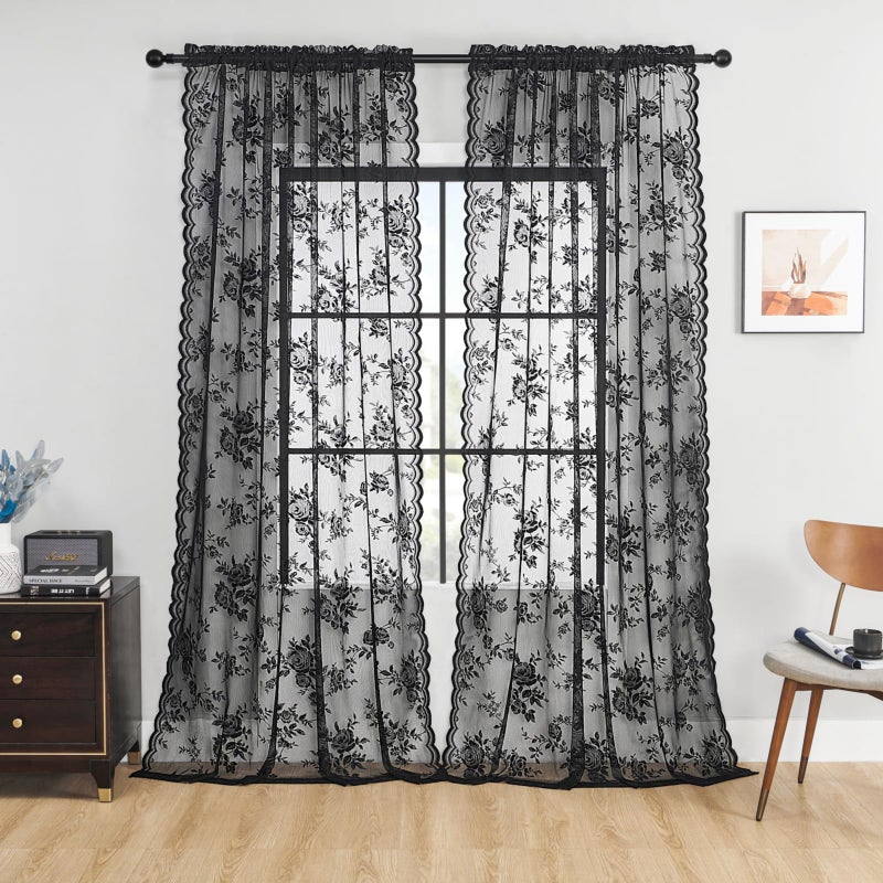 SEEKRIGHT Black Lace Curtains - 84 Inch Long Goth Floral Sheer Curtains for Living Room & Bedroom - Gothic Decor Drapes with Rod Pocket - Light Filtering Edges - Victorian Style - 2 Panels Set, 52x84 - Image 2