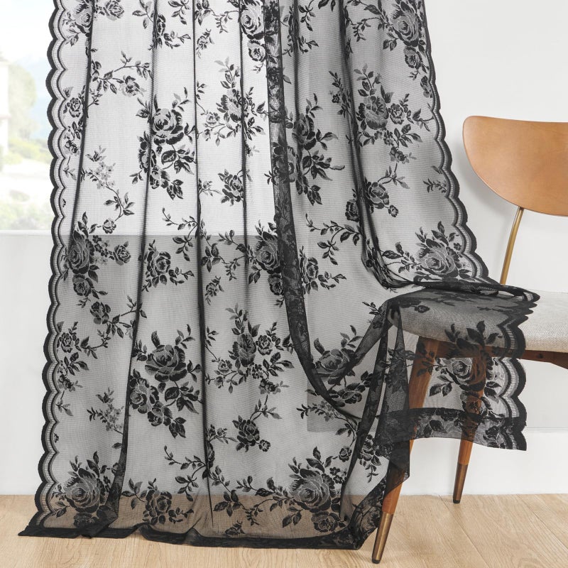 SEEKRIGHT Black Lace Curtains - 84 Inch Long Goth Floral Sheer Curtains for Living Room & Bedroom - Gothic Decor Drapes with Rod Pocket - Light Filtering Edges - Victorian Style - 2 Panels Set, 52x84 - Image 5