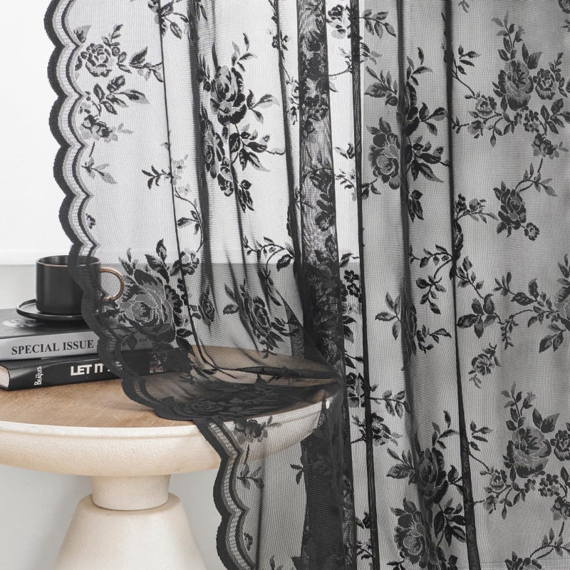 SEEKRIGHT Black Lace Curtains - 84 Inch Long Goth Floral Sheer Curtains for Living Room & Bedroom - Gothic Decor Drapes with Rod Pocket - Light Filtering Edges - Victorian Style - 2 Panels Set, 52x84 - Image 4