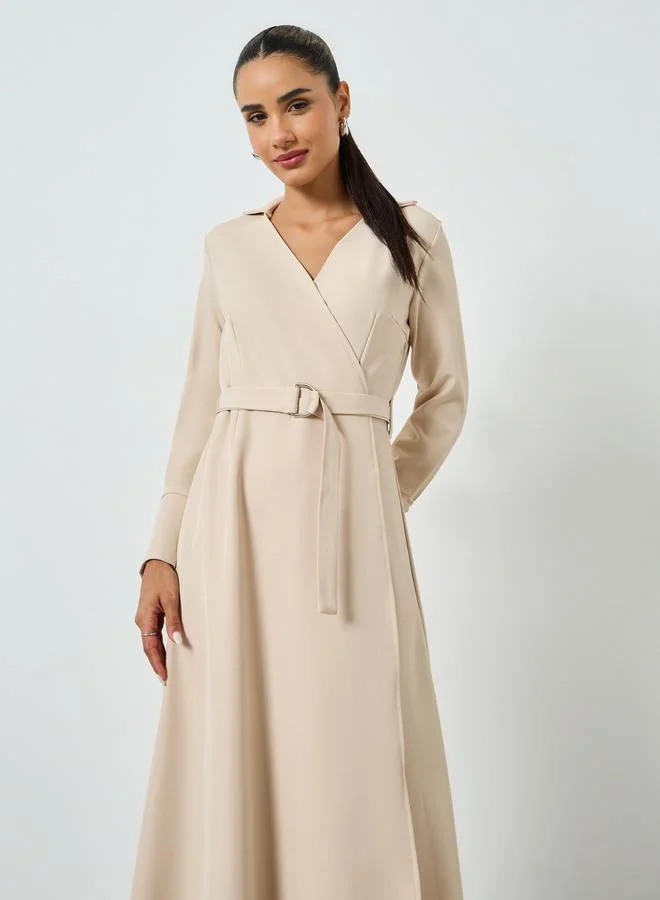Styli Beige Long Sleeves Wrap Midi Dress
