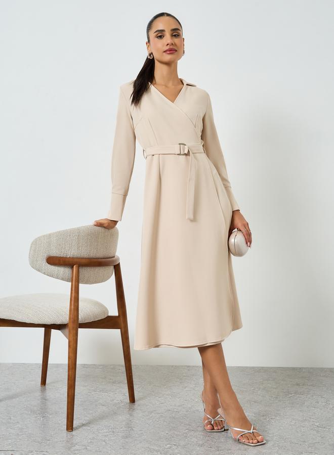 Beige Long Sleeves Wrap Midi Dress