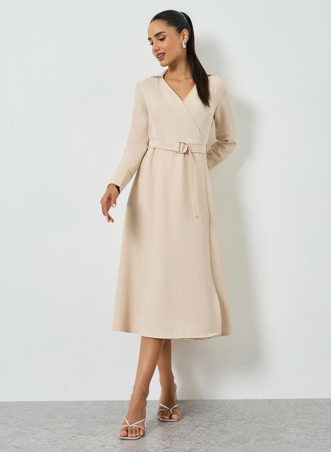 Styli Beige Long Sleeves Wrap Midi Dress - Image 3