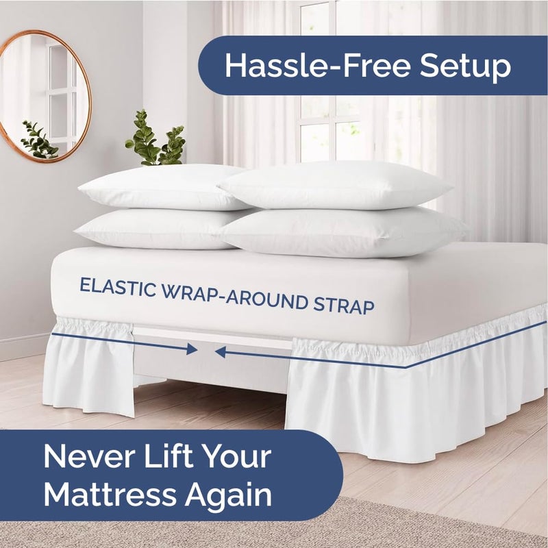 Wrap Around Dust Ruffle Bed Skirt - White - Bed Skirt for Full Size Beds with 18 in. Drop - Easy Fit Elastic Strap - Pleated Bedskirt with Brushed Fabric - Wrinkle Free  Machine Wash - by CGK Linens