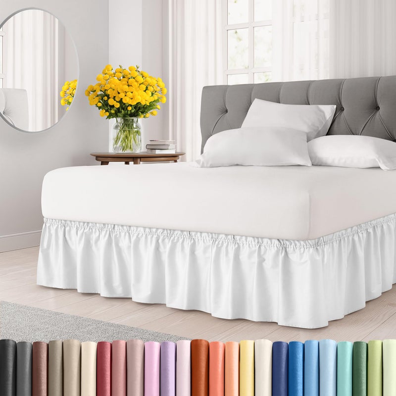 Wrap Around Dust Ruffle Bed Skirt - White - Bed Skirt for Full Size Beds with 18 in. Drop - Easy Fit Elastic Strap - Pleated Bedskirt with Brushed Fabric - Wrinkle Free  Machine Wash - by CGK Linens