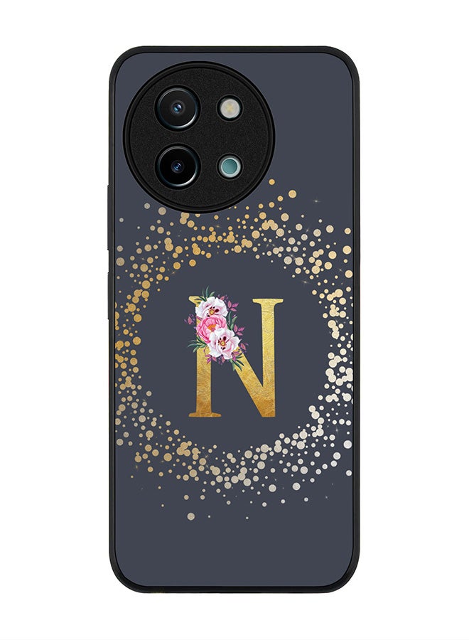 Stylizedd حافظة حواف سوداء متينة لهاتف Vivo Y38 / Vivo Y58 / Vivo Y200i / Vivo T3x - حرف مونوغرام مخصص بنمط زهور - N (رمادي) - Image 1