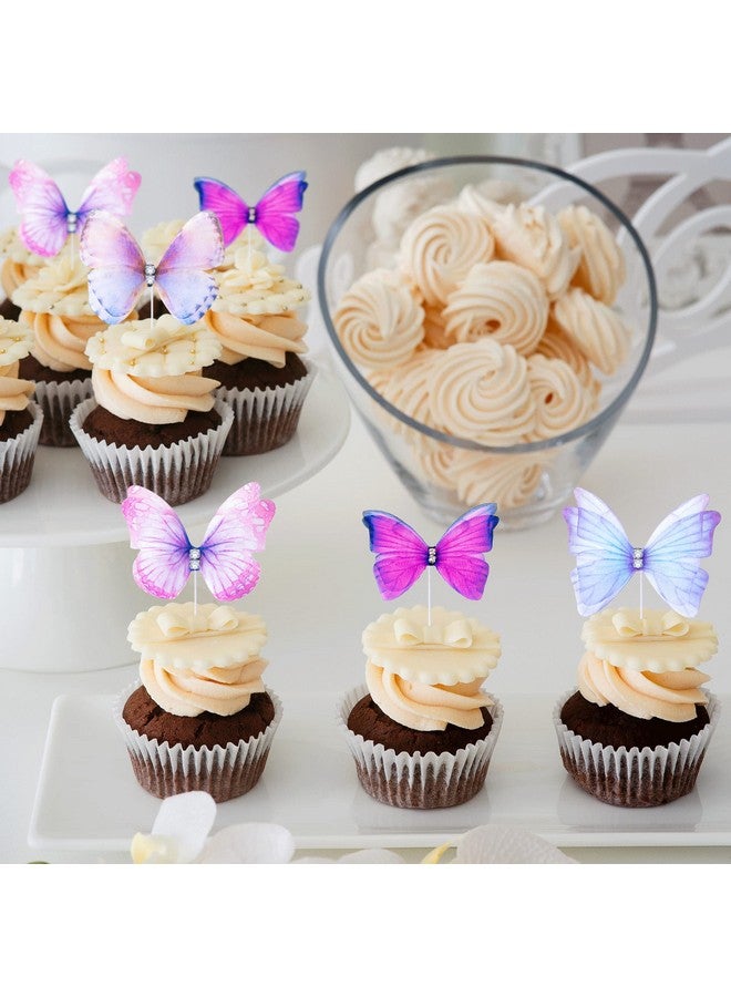 Ephlyn 24Pcs Lively 3D Butterfly Cupcake Toppers Double Layer Butterfly Decorations for Girls Women's Happy Birthday Wedding Party Cake Wall Party Food Decorations Purple - Image 3