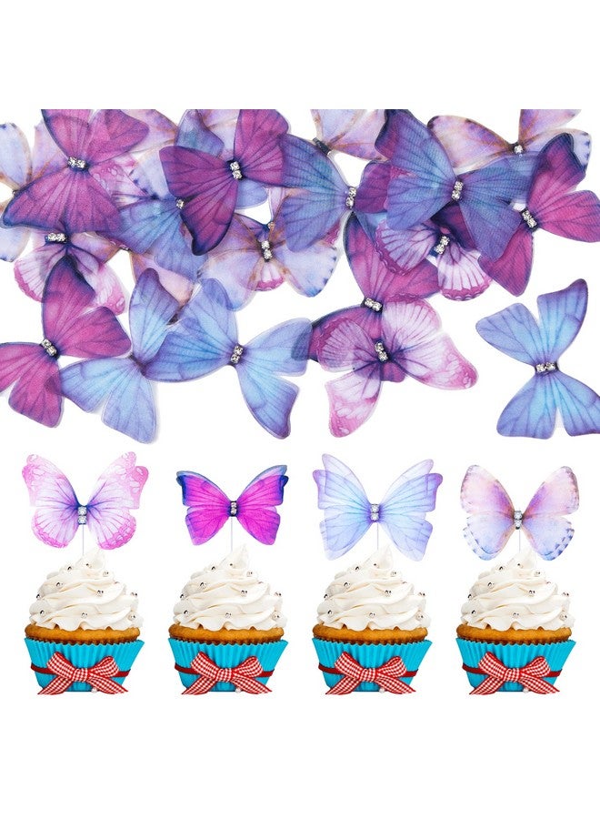 Ephlyn 24Pcs Lively 3D Butterfly Cupcake Toppers Double Layer Butterfly Decorations for Girls Women's Happy Birthday Wedding Party Cake Wall Party Food Decorations Purple - Image 1