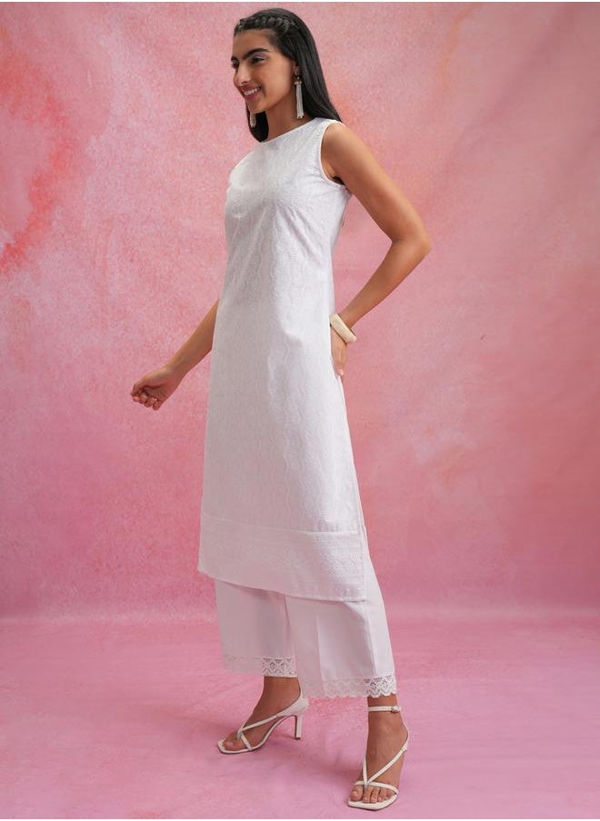Vishudh White Round Neck Sleeveless Thread Work Kurta by Styli  - Image 2