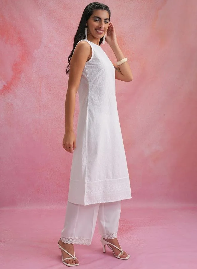 Vishudh White Round Neck Sleeveless Thread Work Kurta by Styli