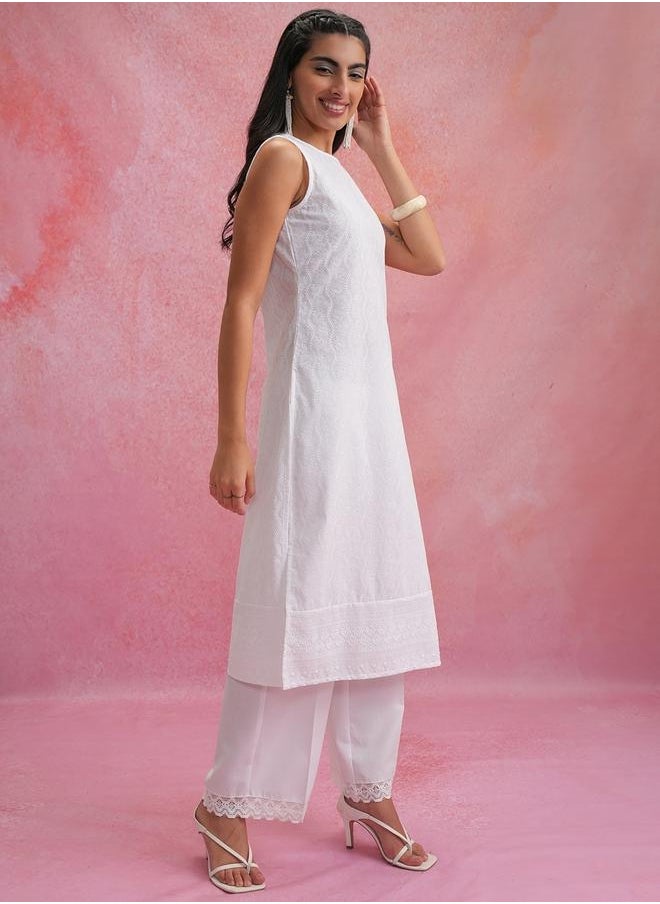 Vishudh White Round Neck Sleeveless Thread Work Kurta by Styli  - Image 4