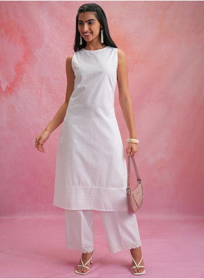 Vishudh White Round Neck Sleeveless Thread Work Kurta by Styli  - Image 1