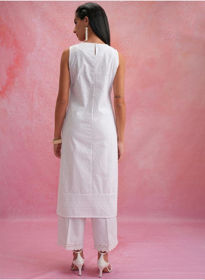 Vishudh White Round Neck Sleeveless Thread Work Kurta by Styli  - Image 3