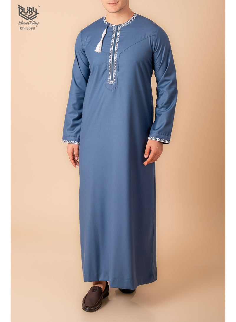 RUBY ISLAMIC CLOTHING Blue Omani/Emirati Dishdasha – Men's Omani/Emirati Style Thobe Kandura Classic - Full-Length Long Sleeve Islamic Jubbah - Image 1