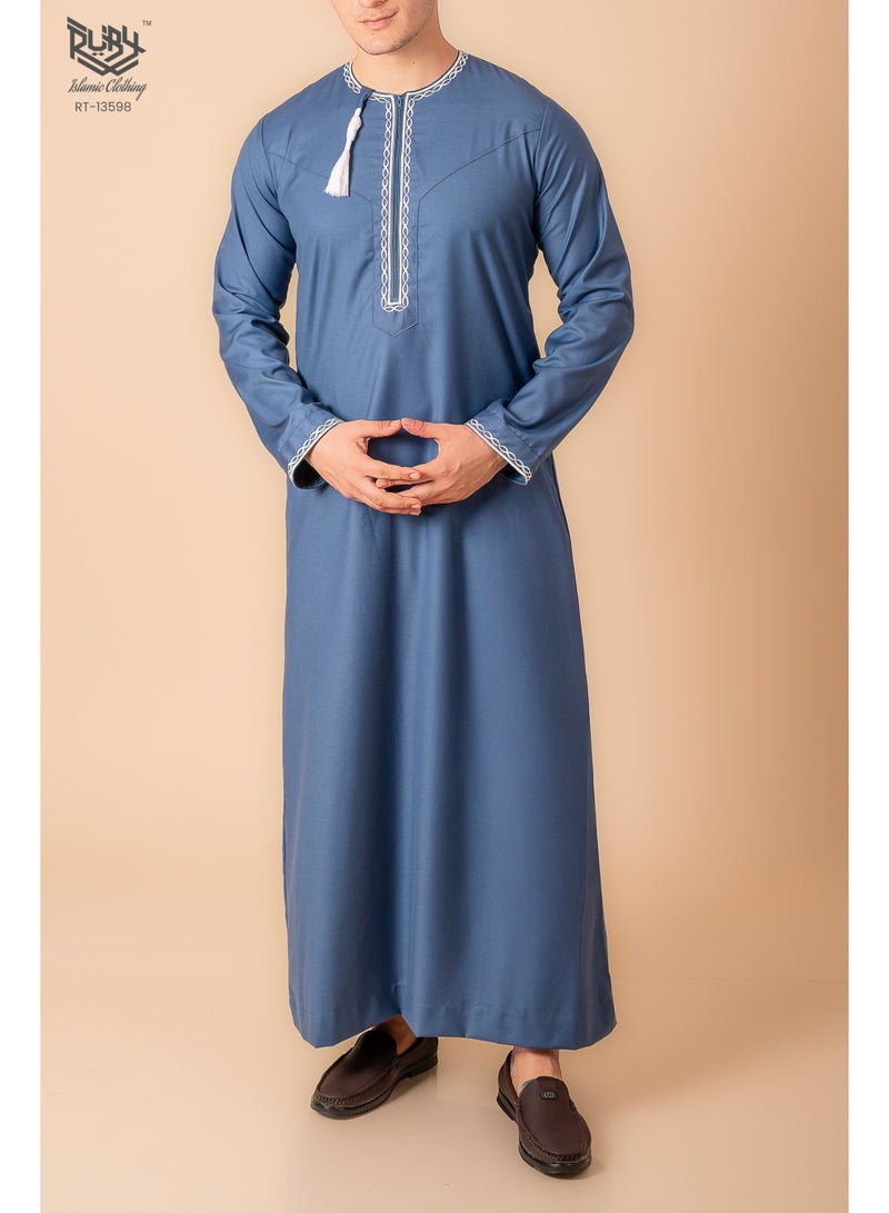 RUBY ISLAMIC CLOTHING Blue Omani/Emirati Dishdasha – Men's Omani/Emirati Style Thobe Kandura Classic - Full-Length Long Sleeve Islamic Jubbah - Image 2