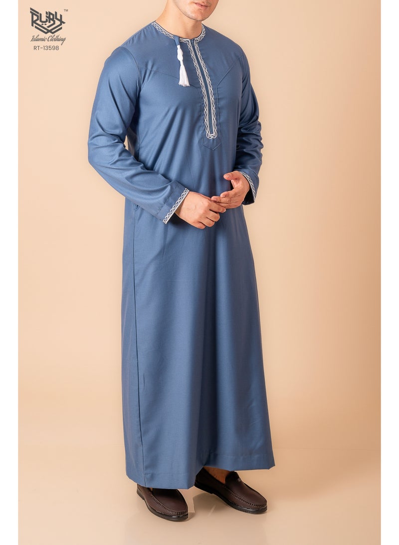 RUBY ISLAMIC CLOTHING Blue Omani/Emirati Dishdasha – Men's Omani/Emirati Style Thobe Kandura Classic - Full-Length Long Sleeve Islamic Jubbah - Image 3